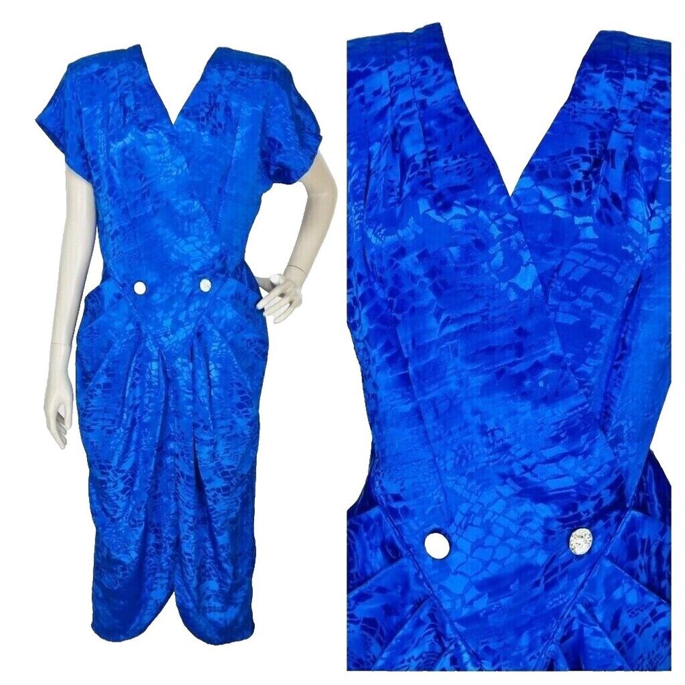 VTG Jewel Tone Animal Print Brocade Dolman Sleeve Surplice Draped Tulip Dress